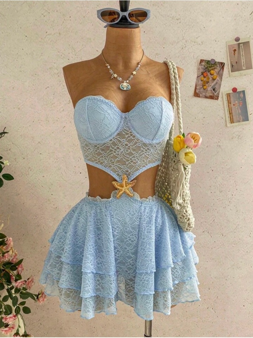 Light Blue Lace Bustier Mini Dress with Tiered Skirt- every size available